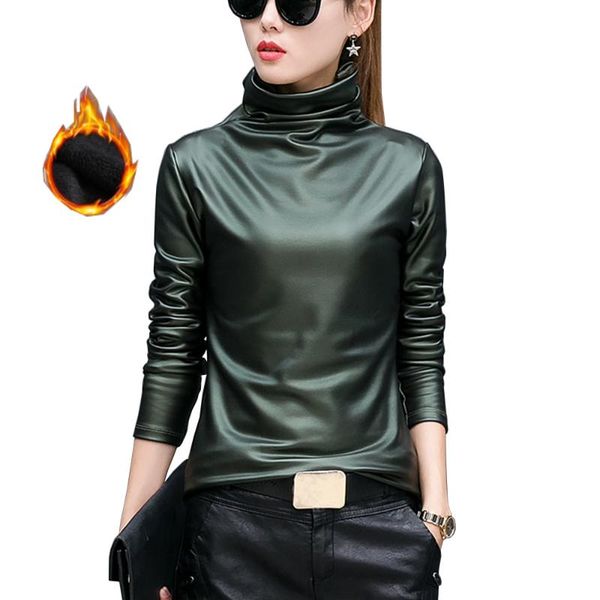 

women blouse autumn turtleneck long sleeve shirt ladies velvet stretch camisas pu leather blouses european punk plus size, White