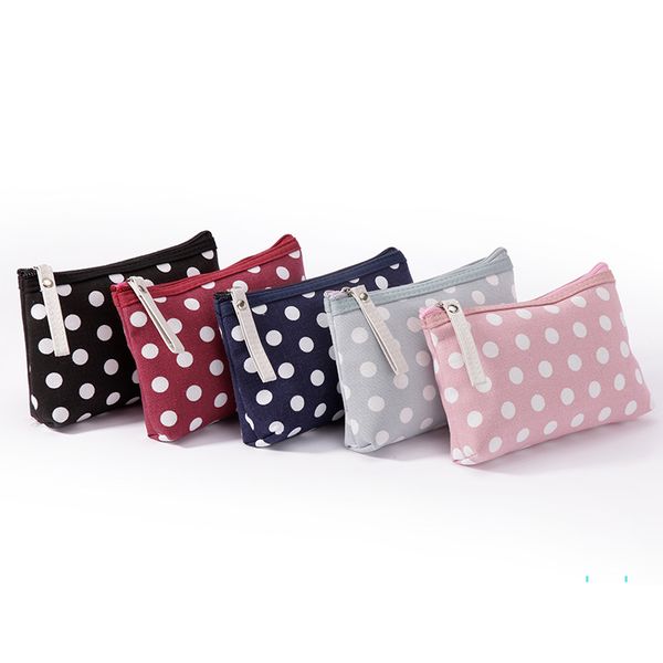 

dots printed coin purses zipper wallet canvas women cosmetic makeup bag toiletry totes multipurpose bags cards key mobile phone pouch cz325, White