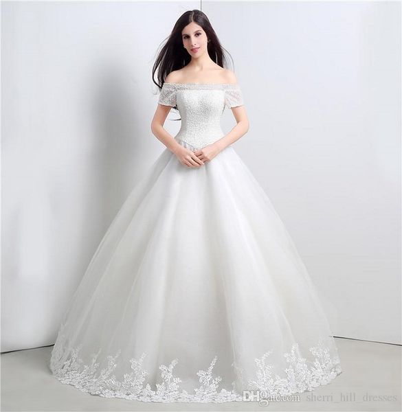 

elegant a-line dresses boat neck short sleeves ball gown tulle long wedding white bride dresses for women wedding gowns dh4232