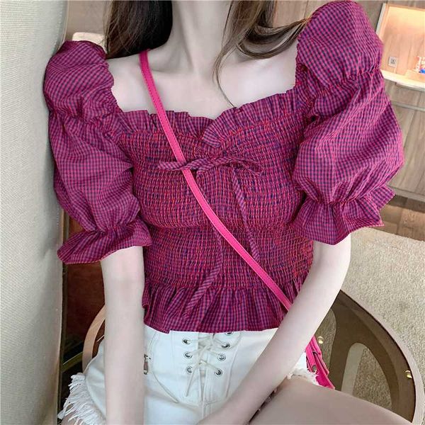 

vintage women ladies korean luxury slim puff short sleeve bow ruffles square plaid crop blouse shirt cropped fashion, White