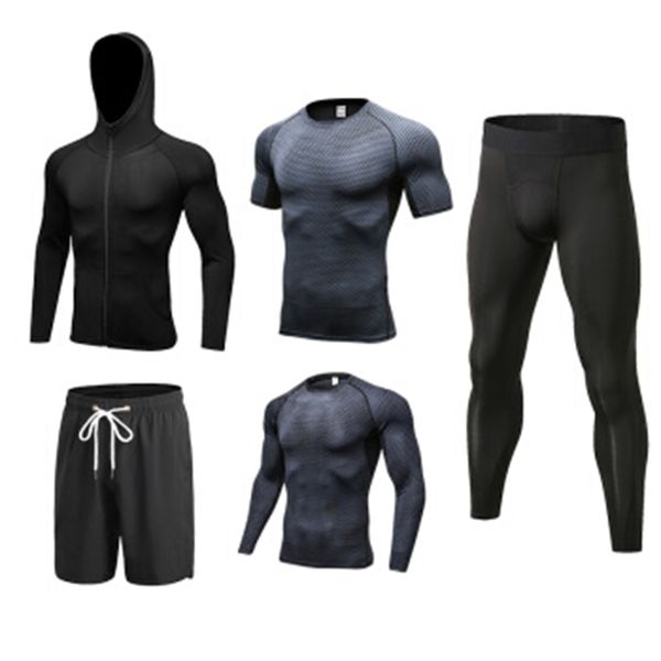 

autumn winter sport suit men fitness workout tracksuits quick dry running set jogging suits sweatpants 5pcs sportswear, Black;blue