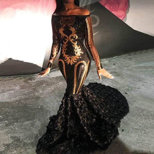 

black off shoulder prom dresses south african gold appliques mermaid evening gowns handmade flowers sweep train formal party dress customize