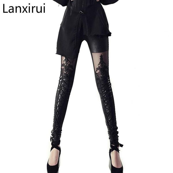 

womens поножи кожа кружева лоскутная фитнес легинсы punk rock sexy lace up готические черный jeggings брюки новые, Black
