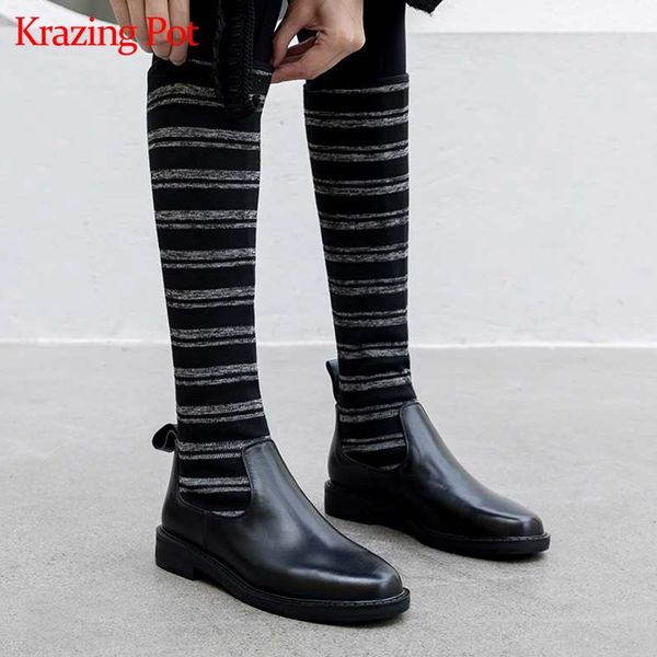

krazing pot round toe cow leather stripe patterns thin leg knitting warm plus size thick low heels stretch thigh high boots l23, Black