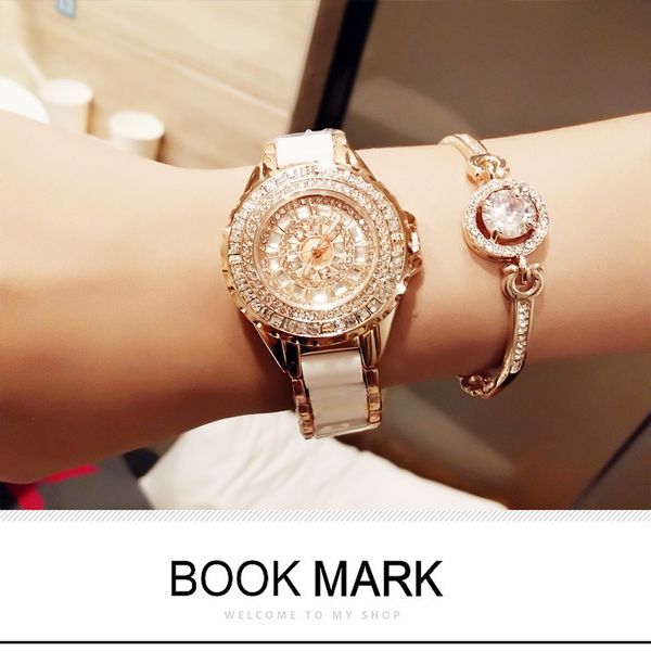 

casual fashion ladies quartz watch new rose gold ceramic strap full rhinestone female watch, Slivery;brown