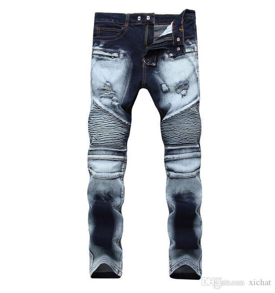 

mens ripped straight leg slim fit jeans fashion designer pleated panelled motocycle biker hip hop denim pants trousers tx1766, Blue