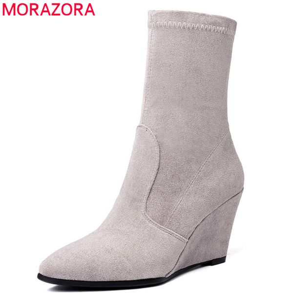 

morazora 2020 new fashion style ankle boots for women pointed toe autumn winter boots slip on comfortable wedges shoes woman, Black