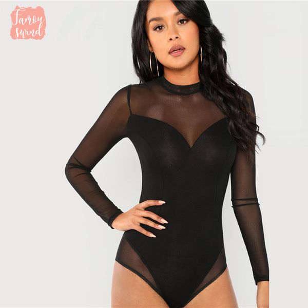 

черный bodysuits solid mock neck mesh группа sexy тощий bodysuit женщины осень с длинным рукавом office basic night out, Black;white
