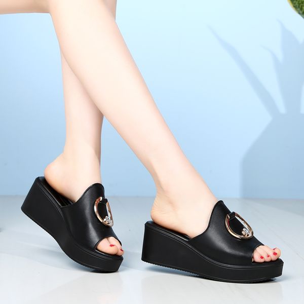 

shallow slippers women summer female shoes heeled mules platform slides on a wedge jelly flip flops fashion 2020 heels genuine, Black