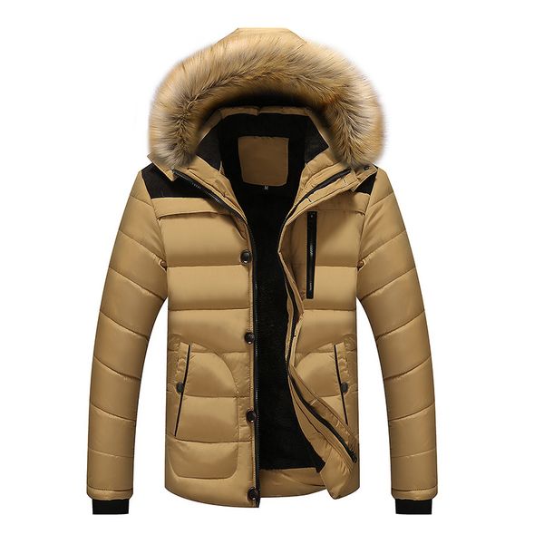 

woodvoice men jacket coats faux fur collar solid padded hooded jackets and coats thick warm outerwear casual male parkas l-5xl, Black