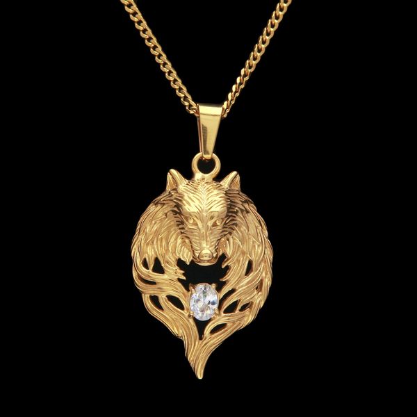

new fashion stainless steel bling diamond gold wolf head pendant mens necklace hip hop raper personalized jewelry gifts for men for sale, Silver