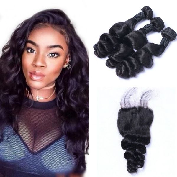 

brazilian virgin hair loose wave with closure natural color 3 bundles with lace closure human hair weaves closure, Black;brown