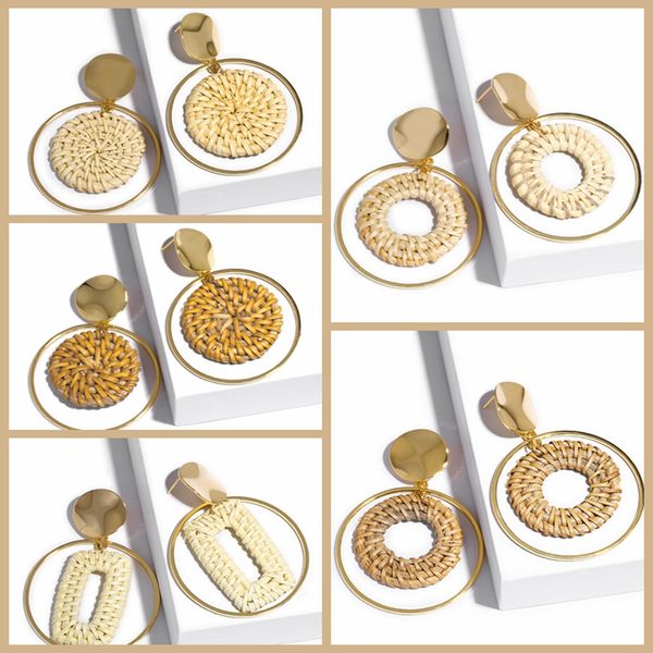 

2019 new handmade wooden straw weave rattan vine braid geometric big circle square long drop earrings for women girl, Silver