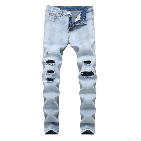 

мужские джинсы светлый цвет slim fit hole high street biker summer casual fashion urban wind jeans, Blue