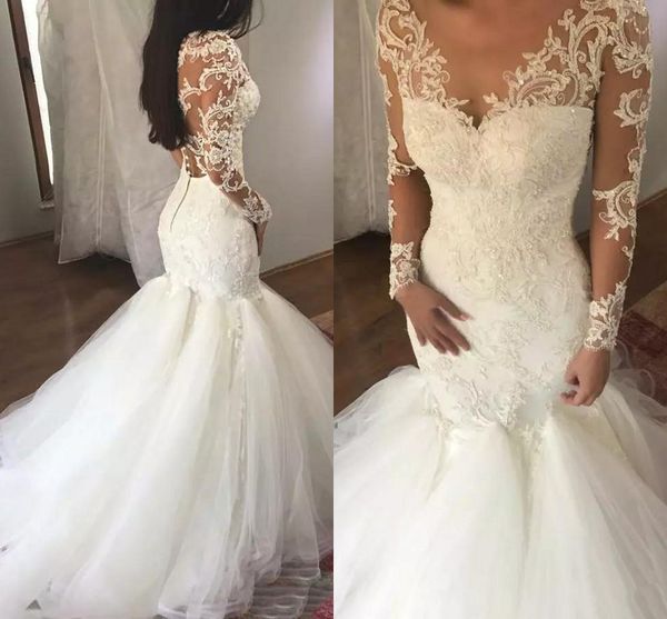 

custom illusion long sleeves lace mermaid wedding dresses 2019 with appliques v neck sweep train tulle wedding bridal gowns, White