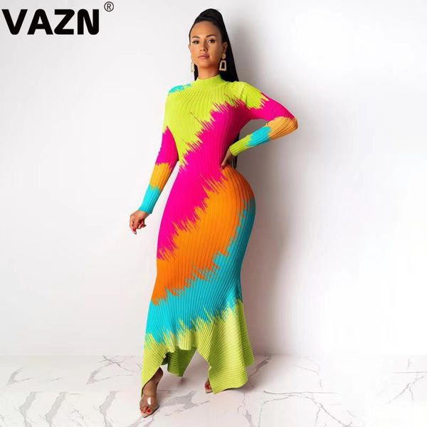 

vazn wny8862 new knit dress 3 color mature untidy fashion turtleneck full sleeve high waist women mermaid maxi dress, Black;pink