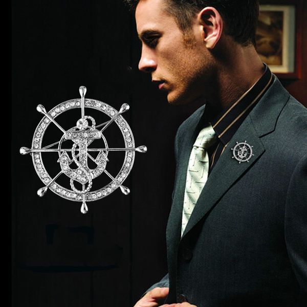 

korean fashion navy style rudder brooch crystal anchor lapel pin high-end men's suit shirt collar pins badge jewelry accessories, Gray