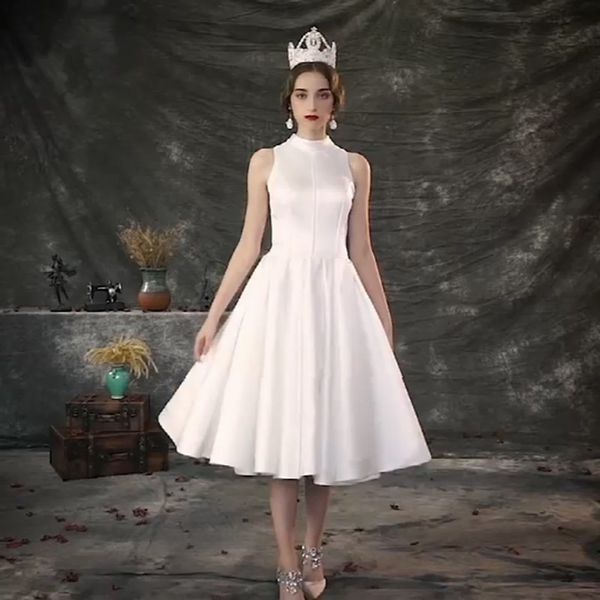

lace cut-out back satin beach wedding dress without crown 2019 summer tea length bridal dress trouwjurk wedding gown, White