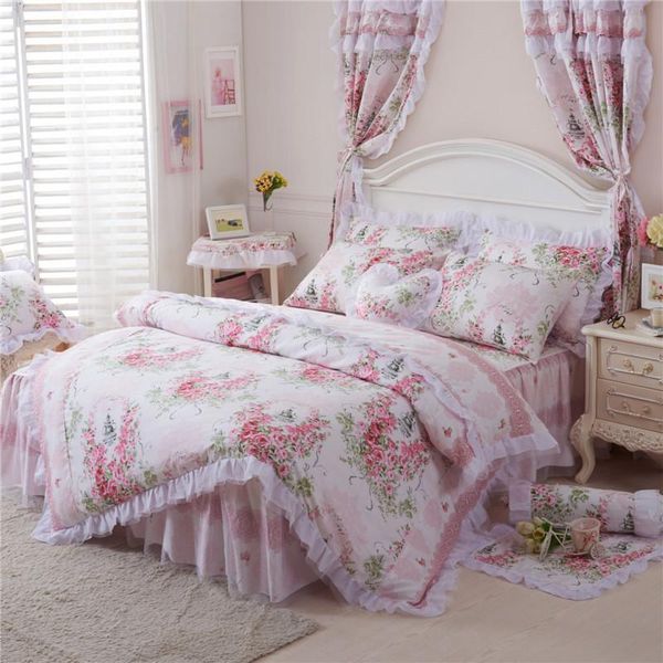 

38 pink blue cotton+lace korea style floral girls bedding set king  twin size bed set duvet cover bedskirt pillowcases