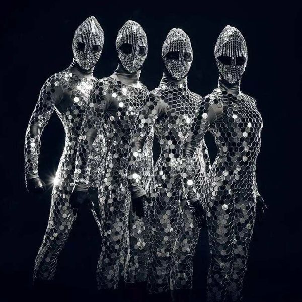 

stage wear mirror costume women men dj party performance clothing nightclub jumpsuit bar gogo dance dn4565, Black;red