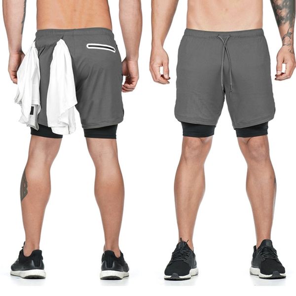 

men double layer phone pocket running shorts gym fitness training quick dry beach short summer sports workout short, Black;blue