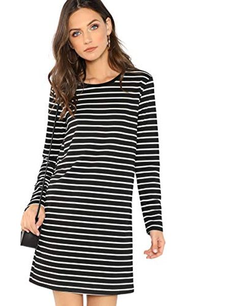

women's fall casual round neck striped long sleeve t-shirt dress, Black;gray