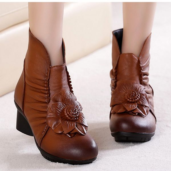 

sondr booties woman shoes ethnic retro flower stivaletti donna genuine leather boots women round toe zipper rubber zapatos mujer, Black