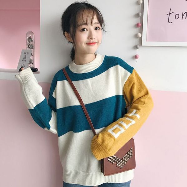 

autumn women sweaters letter long sleeve knitted casual o-neck loose striped pullovers 2019 fashion, White;black