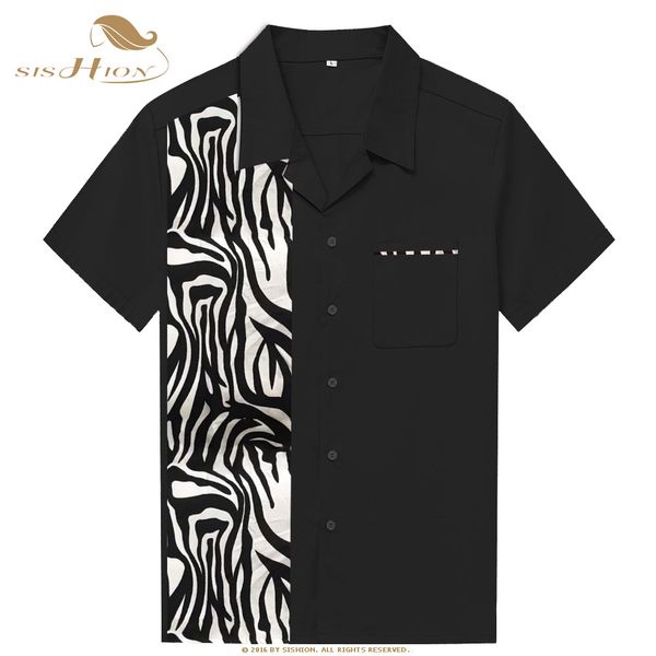 

sishion 2019 men summer shirt st110 animal zebra pattern short sleeve cotton black shirt for men camicia uomo pocket, White;black