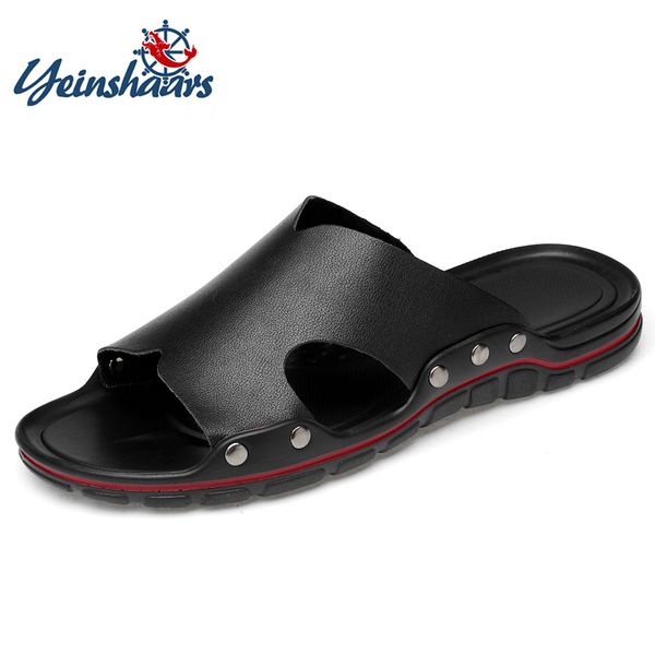 

yeinshaars cow leather slippers men summer fashion slides men super cool teen slippers sandals beach slipper big size 38-47, Black