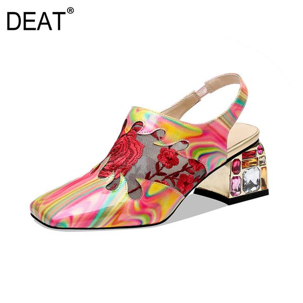 

deat]2020 new spring summer square toe elastic band embroidery hit color crystal genuine leather sandals for women shoes 10h800, Black