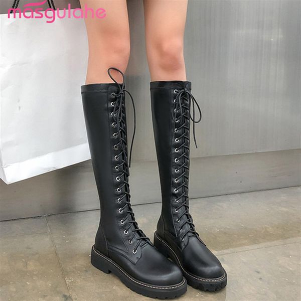 

masgulahe new arrival 2020 autumn knee high boots for women lace up shoes genuine leather boots fashion ladies, Black