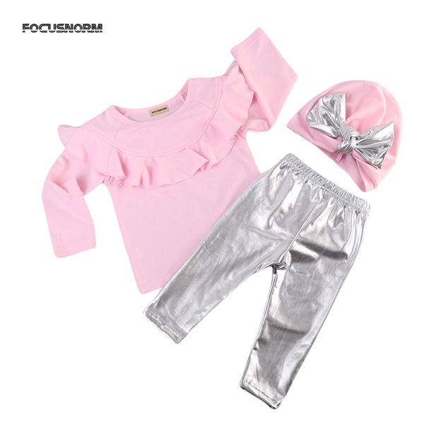 

2018 fashion cute newborn toddler baby girls long sleeve o-neck pullover pink ruffles shirt sequined pants hat 3pcs, White