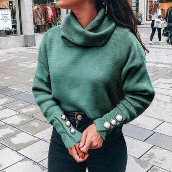 

turtleneck sweaters women pullover oversize sweater buttons female jumper plus sweater green blue casual jumper, White;black