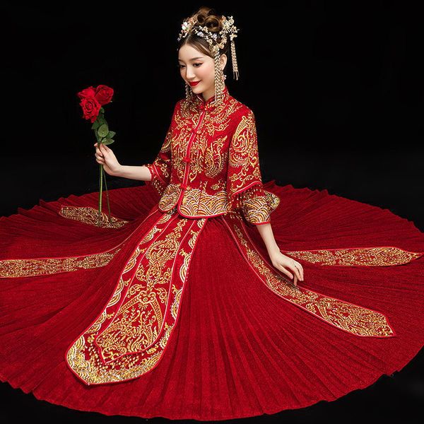 

ancient royal female wedding qipao traditional embroidery marriage suit red classic asian bridal cheongsam pleated dress s-xxl