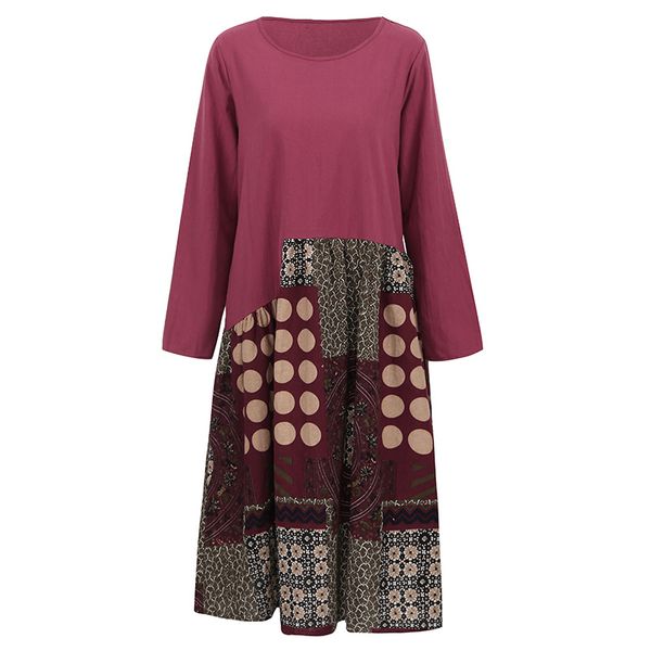 

xxxl 4xl 5xl plus size womens clothing vintage women cotton dress ethnic print splicing o-neck long sleeve casual loose dress, Black;gray