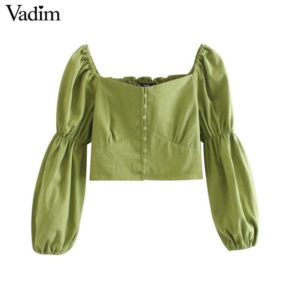 

vadim women fashion green crop square collar puff sleeve stretchy short blouse elegant female casual lb532, White