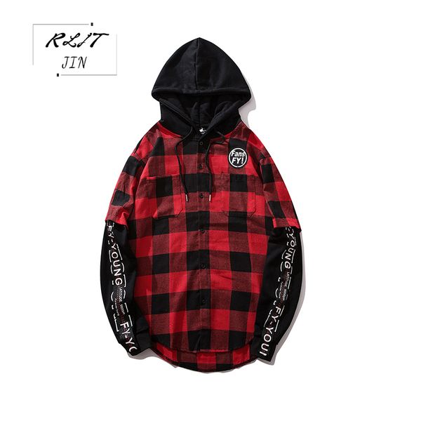 

rljt.jin autumn fashion fake two mens plaid shirts with hats super comfortable shirt with casual color wear outside, White;black