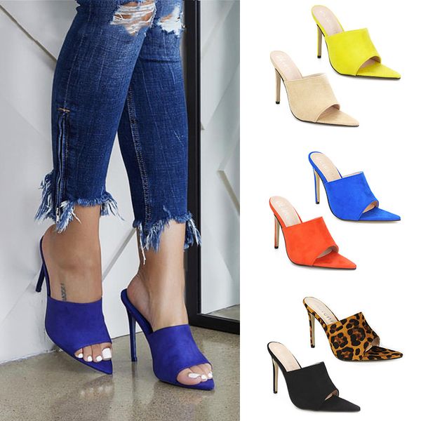 

woman sandals black orange and yellow european style slippers fish-mouth pointed-toe high heels shoes large size 43 six colors