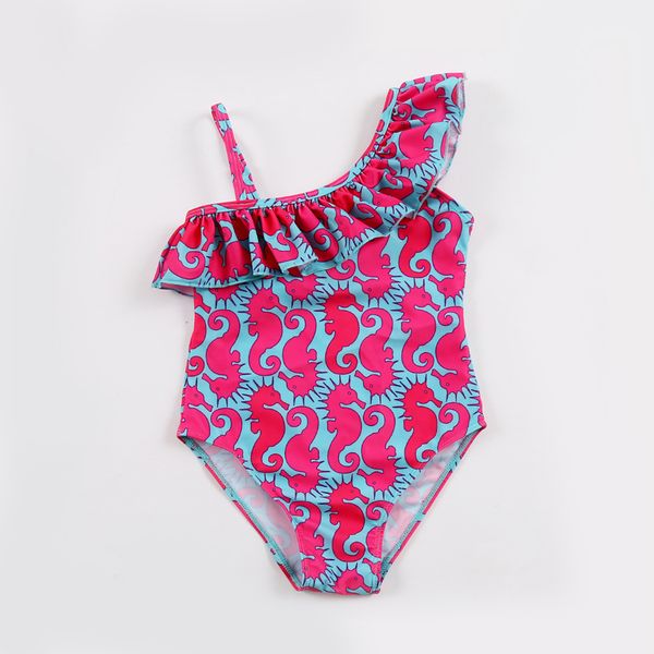 

2019 new swimsuit children one piece swimwear pretty bikini fish print one shoulder ruffled swimsuit for girl baby swimwear, White