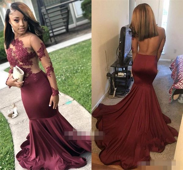 

2019 burgundy long sleeves prom dresses jewel neck lace applique beaded illusion mermaid sweep train backless formal eevening wear, Black