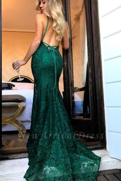 

dark green mermaid prom dresses spaghetti straps backless lace formal dresses evening wear vestidos de fiesta, Black