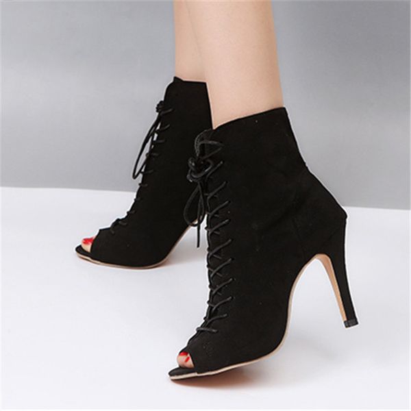 

large size 35-43 women suede boots 2020 new spring summer lace up peep toe hollow sandals woman high heels fish mouth shoes, Black