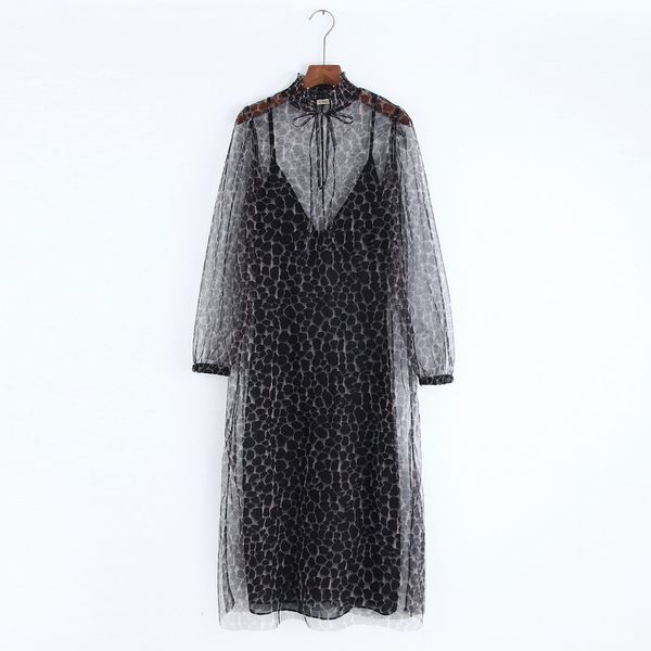 

shine through mesh women leopard dress with lining autumn 2019 new fashion long sleeve 2 pieces sets dresses, Black;gray