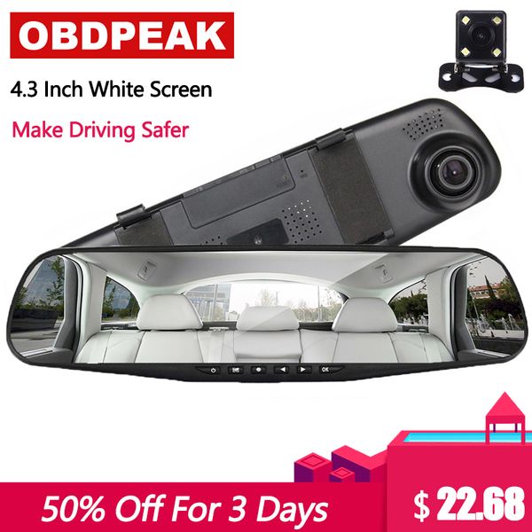 

car dvr 4.3 inch screen white rearview mirror 24-hour monitoring g-screen auto recorder dual lens hd 1080p dash cam camcorder