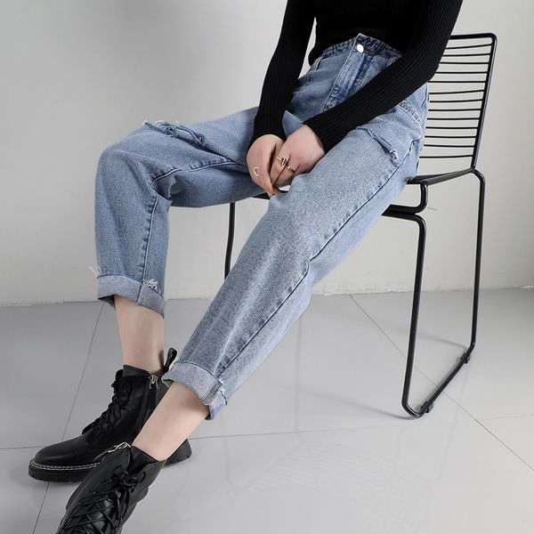 

yedinas sweetwear ripped mom jeans woman high wais plus size denim pants boyfriend jeans for women washed cotton 2020 korean, Blue