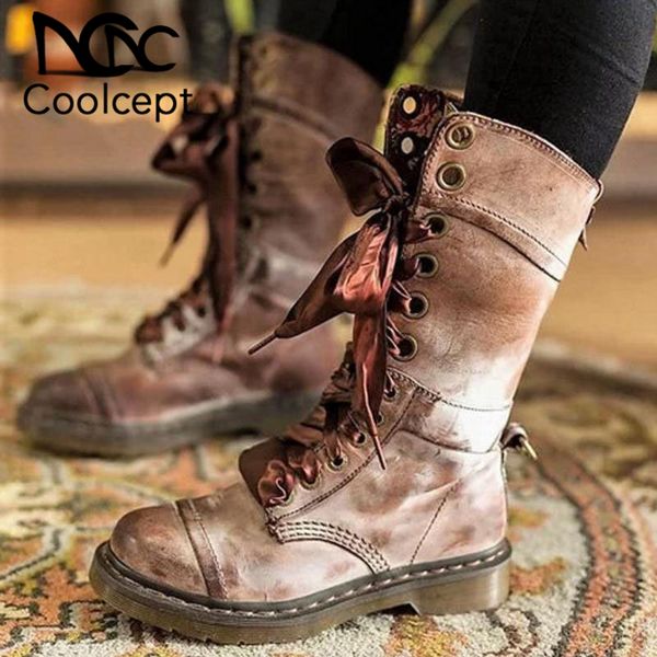 

coolcept women mid calf boots cross strap round toe winter shoes women buckle platform fashion warm fur boots size 35-43, Black