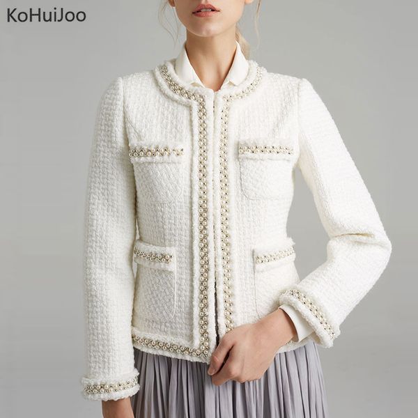 

kohuijoo 2019 spring new fashion tweed jacket women white solid o neck runway jacket designers slim prarls jackets long sleeve, Black;brown