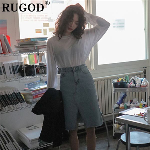 

rugod korean chic jeans skirts women 2019 summer irregular knee-length denim skirt casual style denim a-line skirts sale, Black