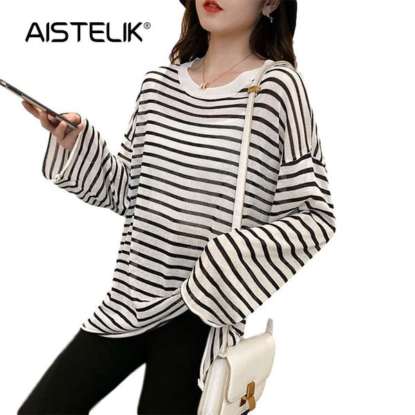 

aisitelik 2020 summer new cool silk sweater women's women's striped loose loose long sleeve t-shirt sunscreen top, White